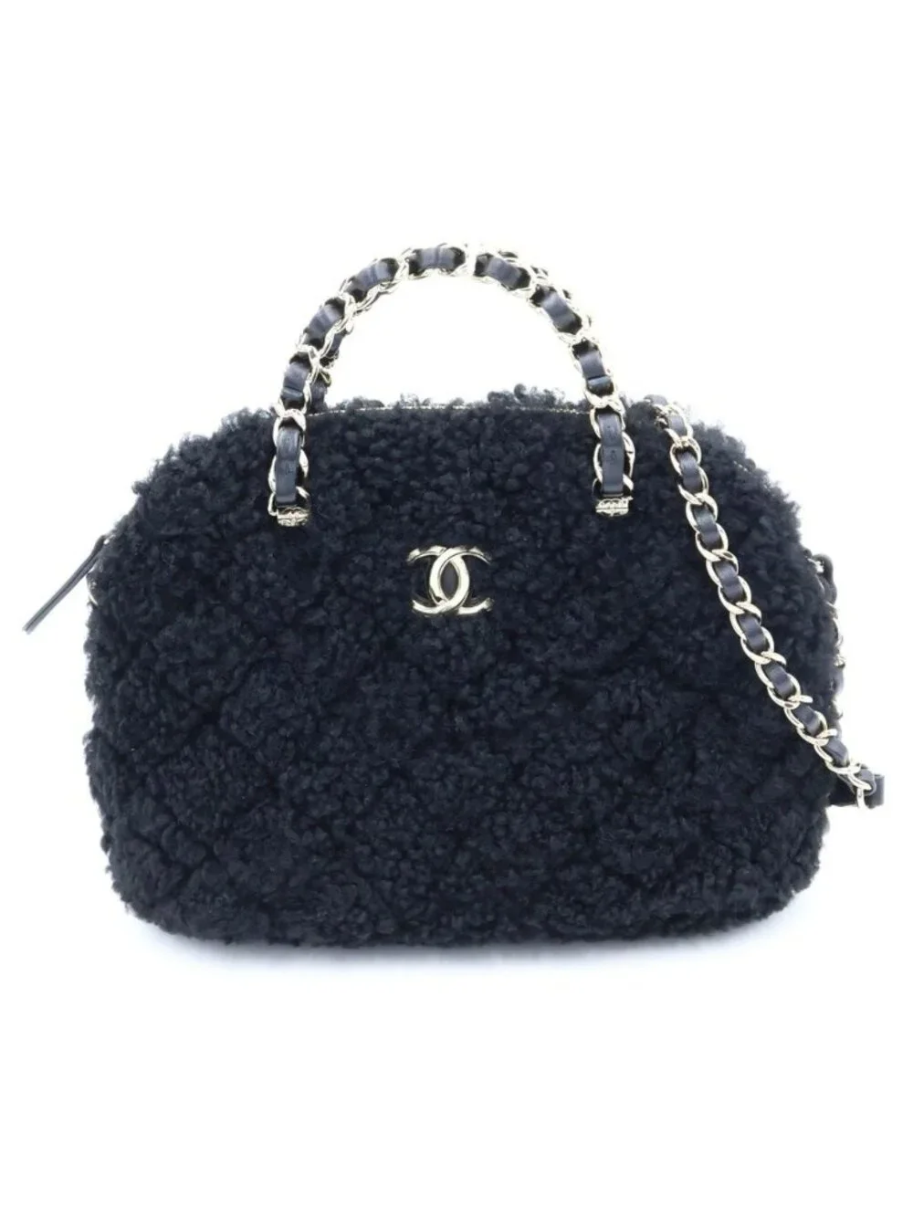 Chanel CC Logo Fleece 2-Way Shoulder Bag Black Leather Gold